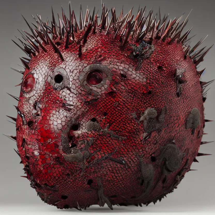 Image similar to Studio Photograph of Beautiful Handmade Yunomi with bone handle intricately carved with Lizard Eyes and painted with the image of Hungry Lizards by Paul Klee By Hans Bellmer and covered with hairlike spikes, Oxblood glaze Bright Intense Colors shocking detail hyperrealistic trending on artstation