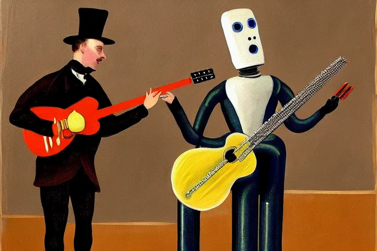 Prompt: a guitar player as a robot performing for a crowd in victorian era london, painting