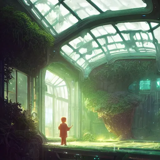 Image similar to , boy with grandma in scifi green house, spaceship, plants, stephen bliss, misty, unreal engine, fantasy art by greg rutkowski, loish, ferdinand knab, and lois van rossdraws, global illumination, radiant light, minimalist, detailed and intricate environment