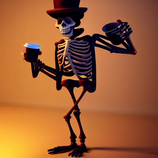 Image similar to portrait of a funny skeleton character holding a cup of coffee. pixar style animation 3 d extremely gloomy lighting, shining light and shadow, atmospheric, cinematic, unreal engine, 8 k