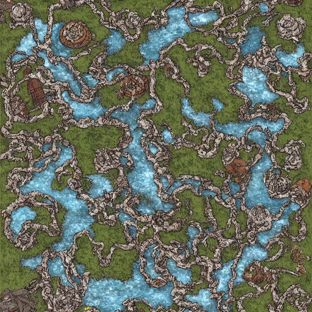 Prompt: a battlemap of an orcish fort by a frozen river, drivethrurpg best seller, high quality, painted hd