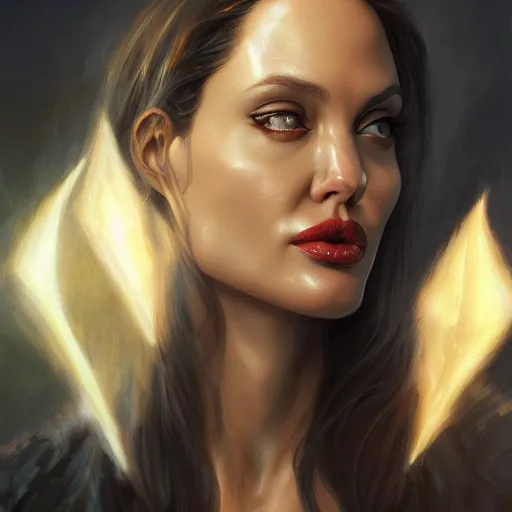 Image similar to Angelina Jolie as Lucifer Morningstar, highly detailed, digital painting, artstation, concept art, smooth, sharp focus, illustration, ArtStation, art by Katsuhiro Otomo and Tom Bagshaw