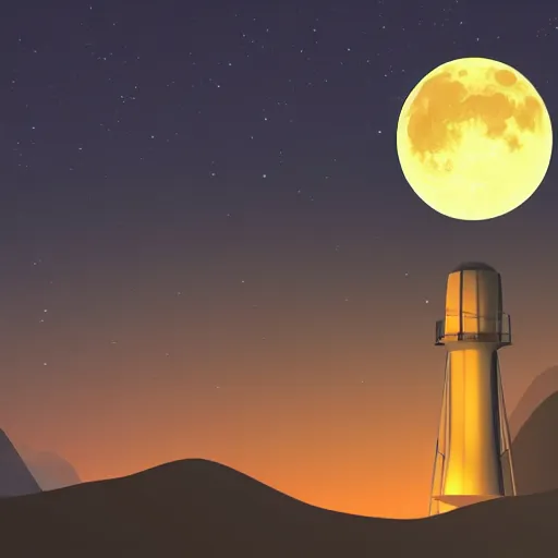 Image similar to Mountain at night, radio tower on top of it with yellow moon behind. Misty landscape, digital art, artstation, 4k high detailed art