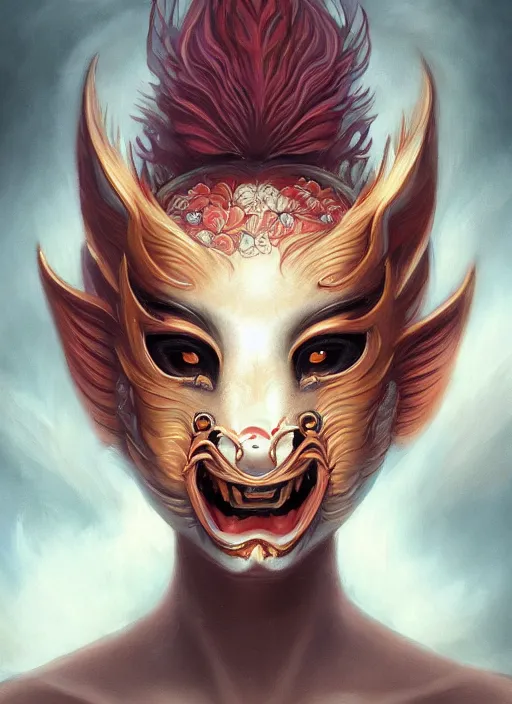 Image similar to a beautiful detailed oil on copper art illustration of a japanese kitsune mask devil beautiful woman, centered, by charlie bowater, zeng fanzh, trending on artstation, dim dusk lighting, cinematic lighting, detailed lighting, volumetric lighting, realistic, f 8, 4 k hd wallpaper