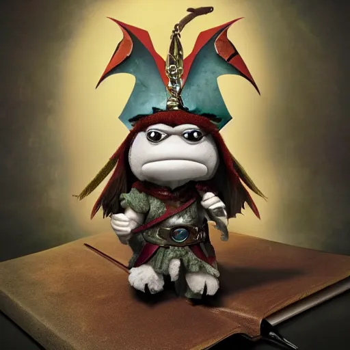 Image similar to dungeons and dragons egg white grung cleric as a chibi muppet plush wearing a big dark wolf pelt headdress and carrying a tiny sketch book and pencil, photorealistic, photography, national geographic, sesame street