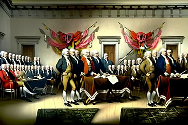 Image similar to john trumbull's famous painting of the signing of the declaration of independence. at least half of the men are clearly vampires, taller and with black hair and black and red capes.