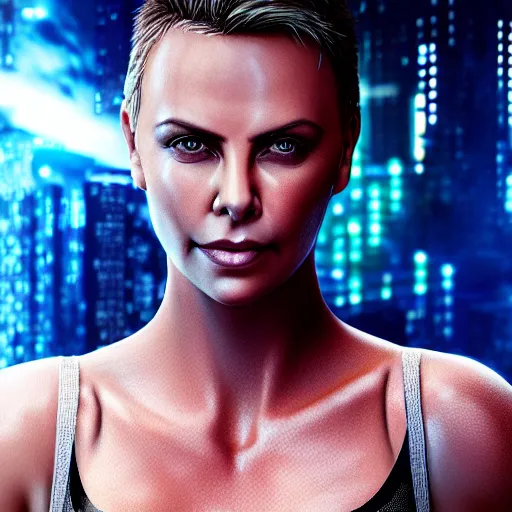 Image similar to charlize theron portrait, cyberpunk 2 0 7 7, cyberpunk judy alvarez, photorealistic, ultra detailed, neon, octane, bokeh, cinematic lighting, cyber, cyberpunk city, studio quality, feature, scars, cyberface, 8 k