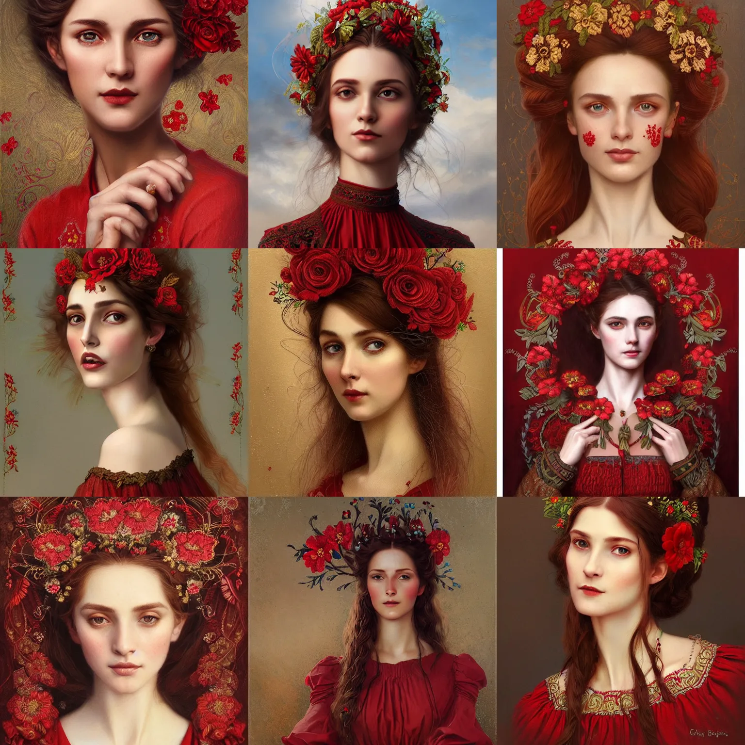 Prompt: the brown - haired lady in red embroidered shirt, ukrainian national costume, filigree crown with textile embroidery flowers, pre - raphaelite beautiful, playful smile, detailed portrait, intricate complexity, acryl painting in the style of charlie bowater, tom bagshaw, greg rutkowski