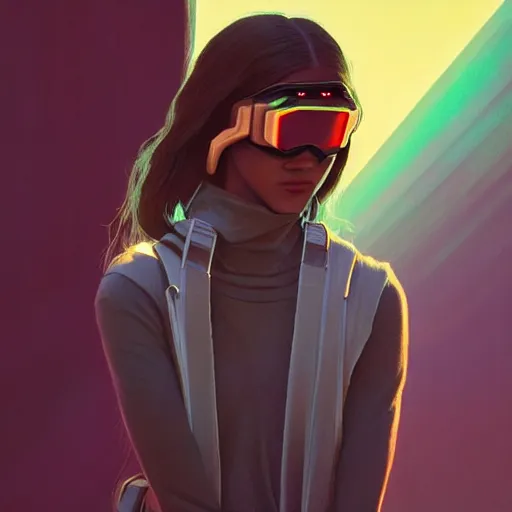 Image similar to zendaya wearing opaque reflective goggles profile picture by Greg Rutkowski, brown skin, very long hair, dune, asymmetrical, futuristic, neon volumetric lights, cool colors, streetwear, studio ghibli, Organic Painting , Matte Painting, geometric shapes, hard edges, street art, trending on the artstation, fantasy LUT, realistic by Sachin Teng + Martin Grip + Moebius + Patrick Gleason, smooth, sharp focus, illustration, art by John Collier and Albert Aublet and Krenz Cushart and Artem Demura and Alphonse Mucha, techwear, Industrial Scifi, detailed illustration, character portrait,