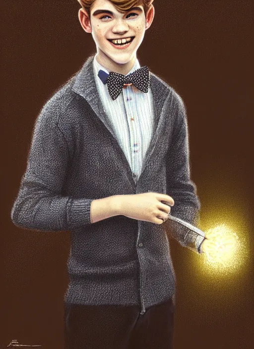 Image similar to portrait of teenage archie andrews, freckles, curly middle part haircut, curly hair, middle part hairstyle, smiling kindly, wearing a bowtie and sweater vest, intricate, elegant, glowing lights, highly detailed, digital painting, artstation, concept art, smooth, sharp focus, illustration, art by wlop, mars ravelo and greg rutkowski