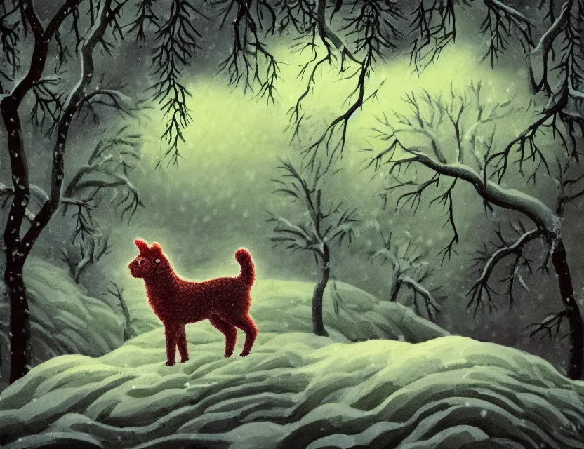 Prompt: lush chia pet animal frolicking in snowy woods, stormy skies. russian fairytale art, gouache, dynamic composition, backlighting