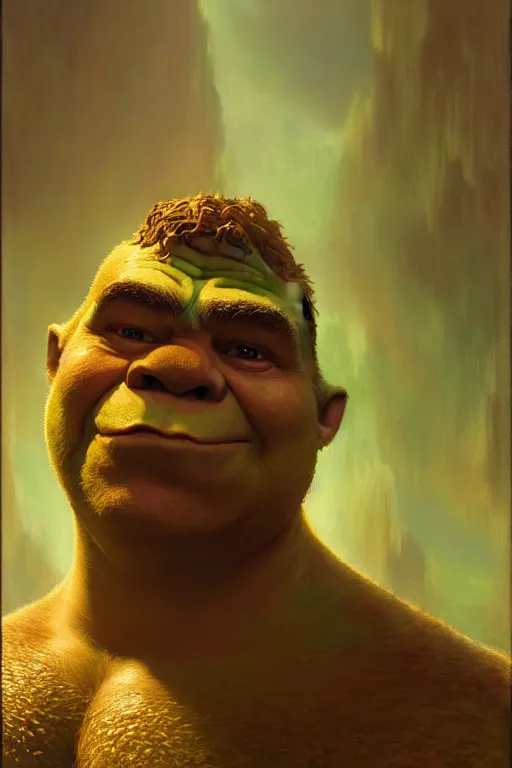 Image similar to a half body portrait of shrek, high detail, cleary see face, by gaston bussiere, bayard wu, greg rutkowski, devine, odd nerdrum, maxim verehin, dan dos santos, masterpiece, sharp focus, cinematic lightning