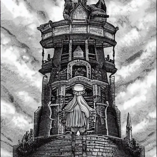 Image similar to a giant cat sitting on top of a victorian castle spire, cat god, style of kentaro miura!!!!, black and white, finely detailed