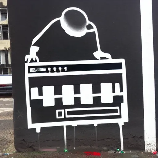 Prompt: Street-art painting of a TB303 in style of Banksy, photorealism