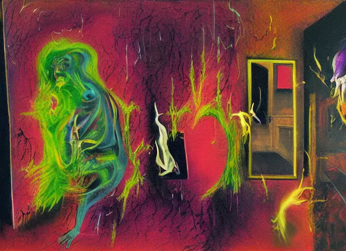 Prompt: ghost room, grotesque, doomed, acrylic paint, high resolution, weird art, gouache on canvas, vibrant colors, grotesque, wrapped thermal background, art francis bacon