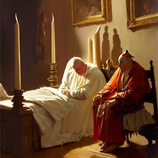 Image similar to the pope is in his bed, nervous and terrified, because a double horned shadow figure ghost from hell is attacking him. highly detailed painting by gaston bussiere, j. c. leyendecker, greg rutkowski, craig mullins 8 k