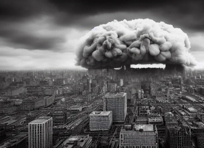 Prompt: nuclear cloud in the city . Horror dystopia style. Highly detailed 8k. Intricate. Nikon d850 300mm. Award winning photography.