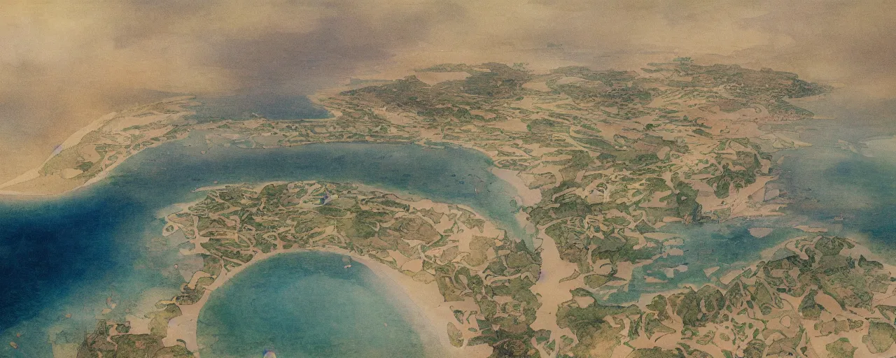 Image similar to a beautiful landscape painting of a tropical island in the middle of the ocean, by alfons maria mucha, trending on artstation, super ultra detail, aerial photography