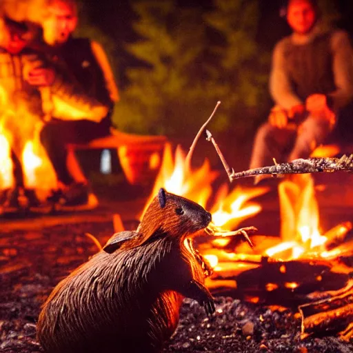 Image similar to beaver being spit roasted over a campfire at night, photograph