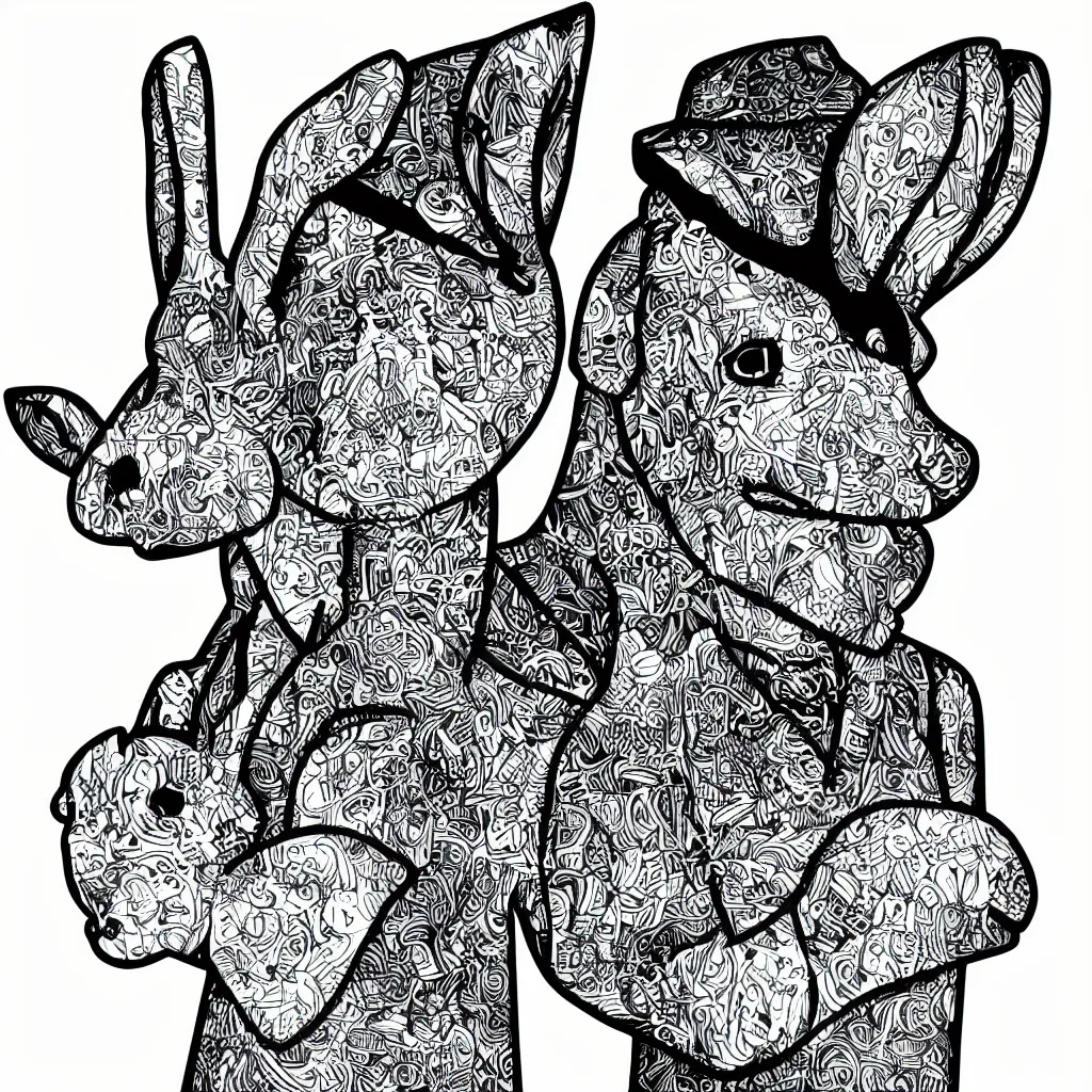 Image similar to gangster man wearing a rabbit mask, line art illustration, high detail