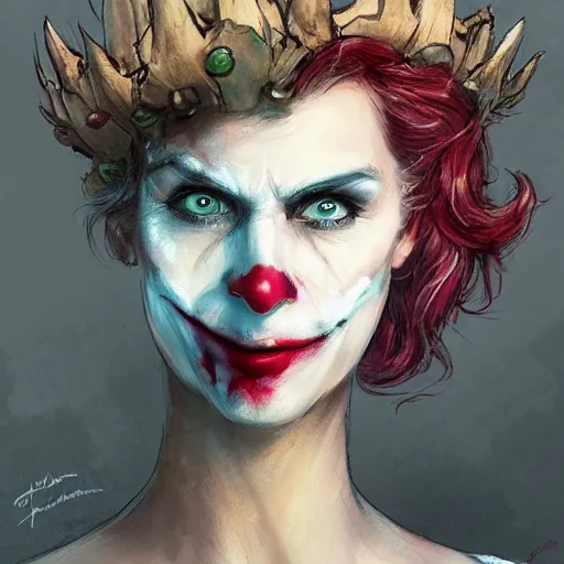 Image similar to joker as an attractive young smiling woman wearing a mushroom crown and heavy armoured wedding dress, face portrait, hd shot, digital portrait, elegant, beautiful, fantasy art, artstation, comic style, by artgerm, guy denning, jakub rozalski, magali villeneuve and charlie bowater