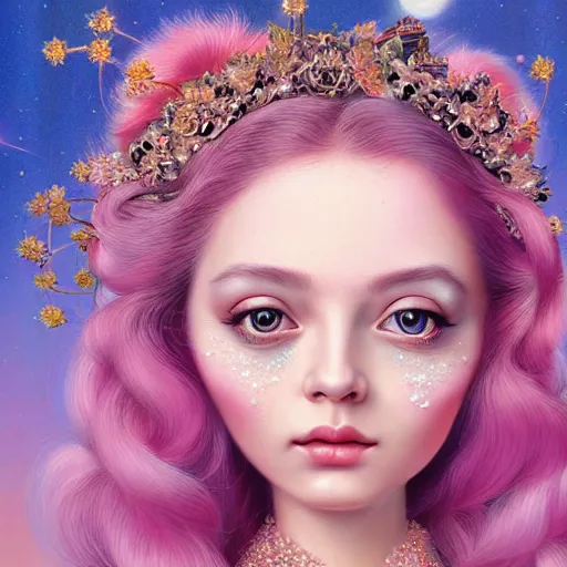 Prompt: a portrait a divine feminine goddess, rosey cheeks, sparkles on eyelids, long pink hair highly detailed, ultra realistic digital painting, rococo, artstation, concept art, pop, smooth, sharp focus, illustration, art by mark ryden and lisa frank 3 d 8 k ultra detailed