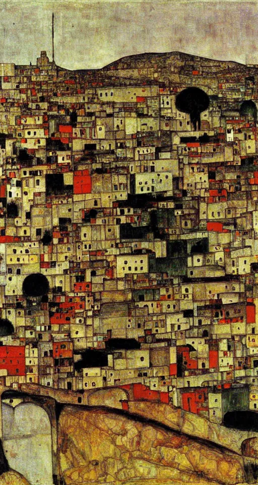 Image similar to a city in south of iran with a bridge, painting by egon schiele