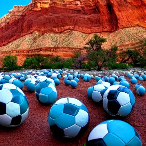 Prompt: Grand Canyon with a lot of soccer balls