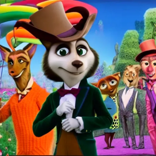 Image similar to willy wonka and the chocolate factory, animated in the style of zootopia