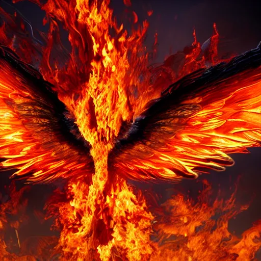 Prompt: hyperdetailed image of a detailed flaming phoenix wings spread 8 k extremely detailed hd hyperrealism unreal engine