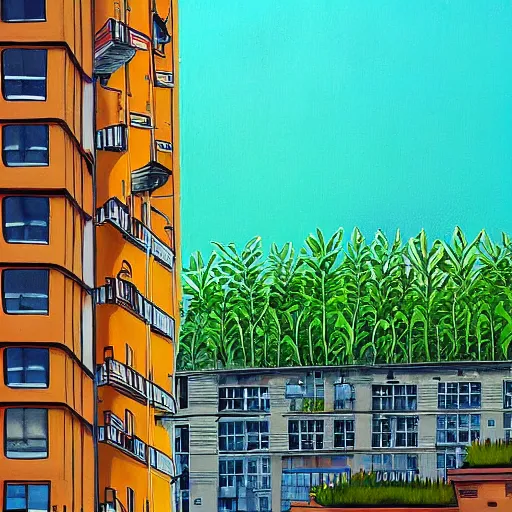 Prompt: Beautiful city of the future in harmony with nature. Plants on buildings. Nice colour scheme, soft warm colour. Beautiful detailed painting by Lurid. (2022)