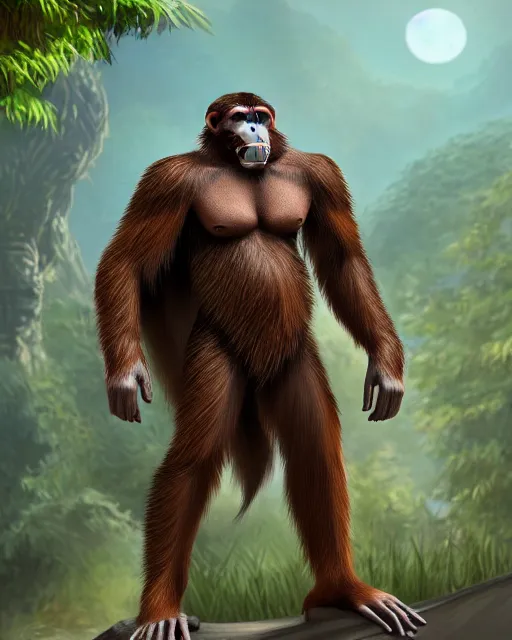 Image similar to fury art, an anthro ape monkey wearing a large cape and a fantasy armor, jungle background, 3 d, 8 k, extremely detailed, trending on furaffinity, trending on artstation, award winning, sharp focus, illustration