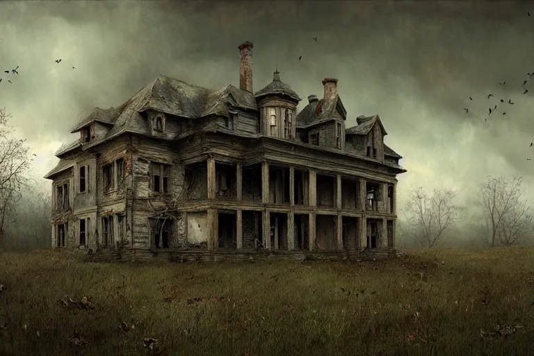 Prompt: dilapidated country estate, abandoned, eerie, spooky matte painting by andrea kowch, detailed realistic