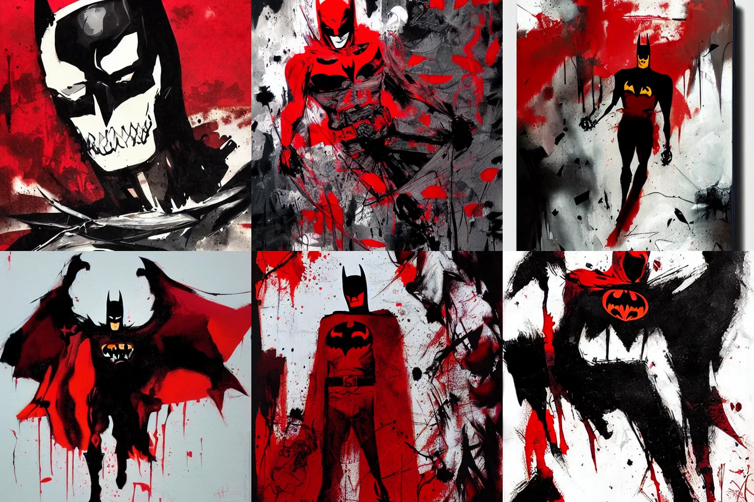 Prompt: abstract dark rotten sinewy skeletal red batman by ashley wood and phil hale, 4K detailed post processing