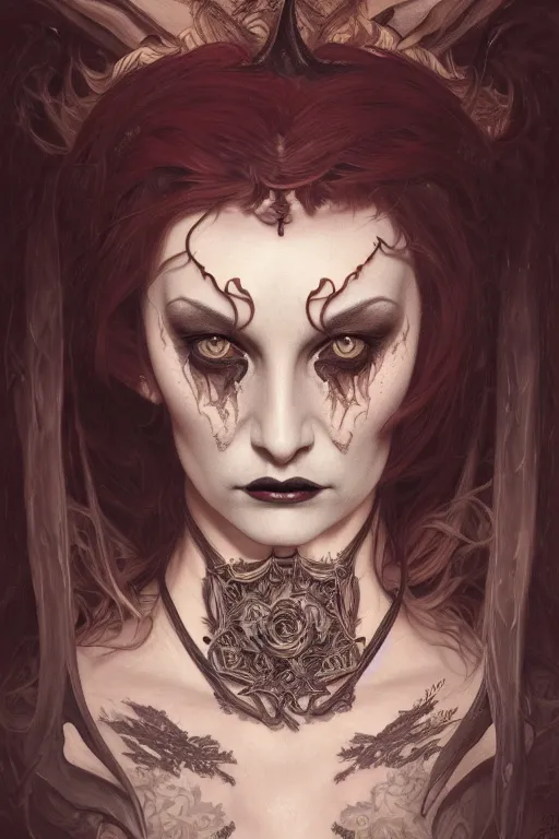 Image similar to portrait of a satanic witch, tattooed face, upper body, decorated, intricate, elegant, highly detailed, digital painting, artstation, concept art, smooth, sharp focus, illustration, art by artgerm and greg rutkowski and alphonse mucha, 8 k