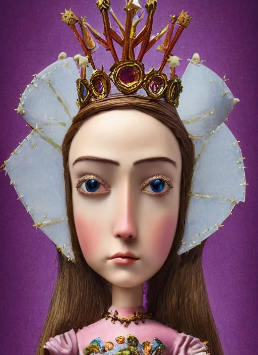 Prompt: closeup face profile portrait of tin toy joan of arc as a fairytale princess wearing a crown eating cakes, bikini, depth of field, zeiss lens, detailed, symmetrical, centered, fashion photoshoot, by nicoletta ceccoli, mark ryden, lostfish, breathtaking, 8 k resolution, extremely detailed, beautiful, establishing shot, artistic, hyperrealistic, octane render