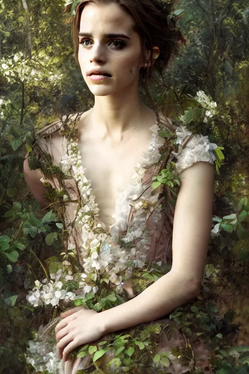 Image similar to Emma Watson as a beautiful forest nymph, oil on canvas, intricate, portrait, 8k highly professionally detailed, HDR, CGsociety