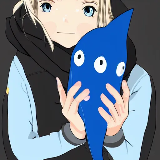 Image similar to a blonde girl in a black hoodie holding a blue-shark-stuffie, anime style digital art