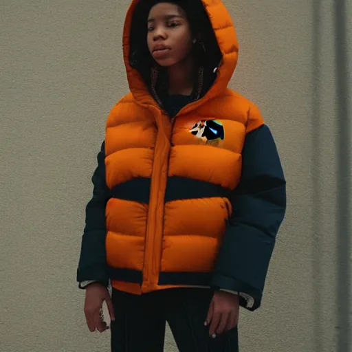 Image similar to realistic! photoshoot for a new the north face lookbook, color film photography, portrait of a beautiful woman wearing a puffer jacket, photo in style of tyler mitchell, 35mm