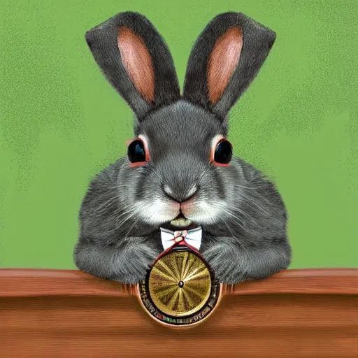 Image similar to a dapper bunny rabbit in formal wear with a monocle sitting on a park bench on a sunny day, digital art