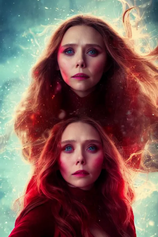 Prompt: movie still of elizabeth olsen as scarlet witch developing a barrier of red energy enveloping her body!!!!!, photorealistic art style, fantasy aesthetic. full - body photography, comprehensive art, thorough details, intricate, artstation, cgsociety contest winner
