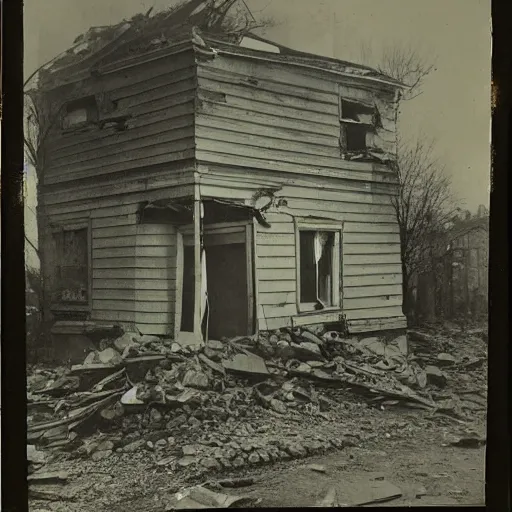 Image similar to a cabinet photo of a zombie lurking at a dark corner of a demolished building at night on the 1800s