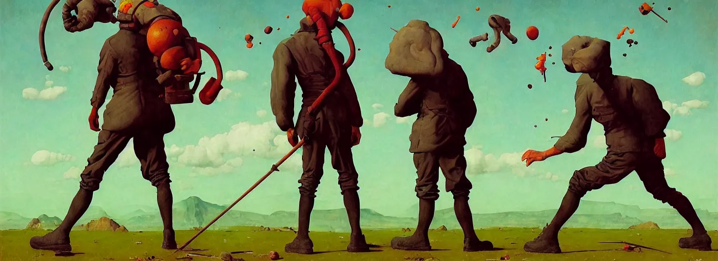 Image similar to full - body portrait surreal colorful clay fighting artstation rpg gentleman character concept art anatomy, action pose, very coherent and colorful high contrast masterpiece by norman rockwell franz sedlacek hieronymus bosch dean ellis simon stalenhag rene magritte gediminas pranckevicius, dark shadows, sunny day, hard lighting, reference sheet white! background