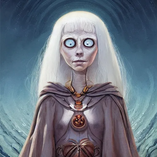 Image similar to portrait of small, rubbery, huge-eyed, big-lipped albino mutant priestess with elaborate white hair; Dune concept art by Anato Finnstark, Margaret Keane, Greg Rutkowski, and Studio Ghibli