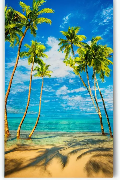 Image similar to beckoning palms lean over crystal clear water, shadows on water, hawaiian style by scott westmoreland