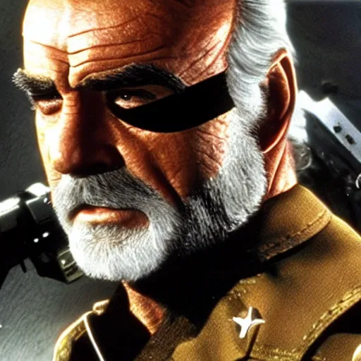 Prompt: sean connery as big boss, white hair, eye patch dim lighting