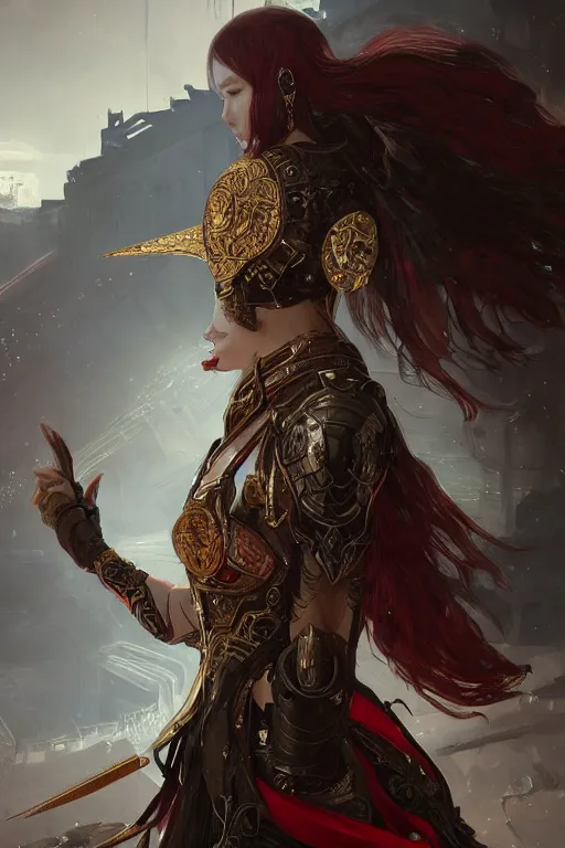 Image similar to portrait knights of Zodiac girl, metallic black and reddish reflected armor, in ruined Agora of Athens, ssci-fi, fantasy, intricate, very very beautiful, elegant, highly detailed, digital painting, artstation, concept art, smooth, sharp focus, illustration, art by tian zi and WLOP and alphonse mucha