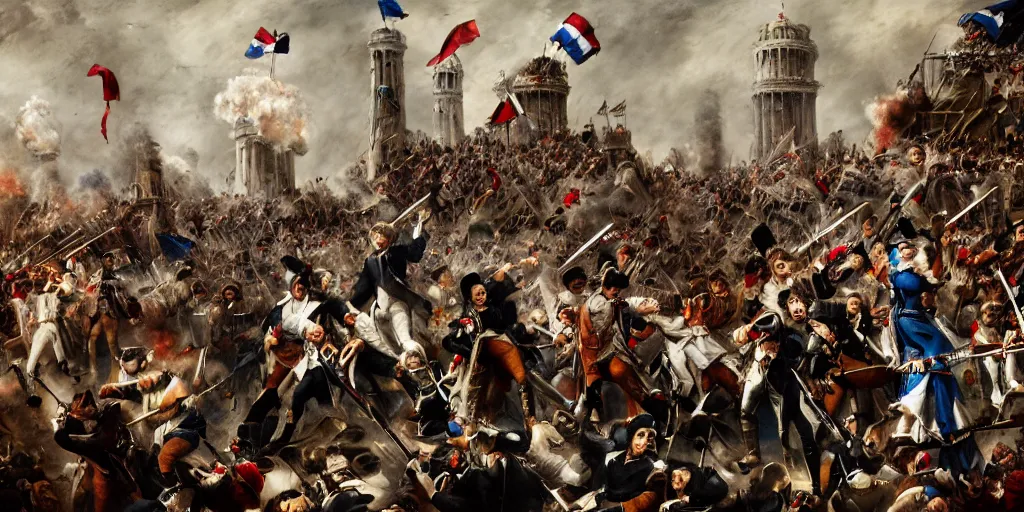 Prompt: fashion editorial french revolution storming of the Bastille. wide angle shot. highly detailed. photography.