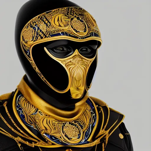 Prompt: portrait of masked dune dynasty with versace clothes, white background, versace logo, 8 k, symmetrical, 3 d render, octane render, insane details