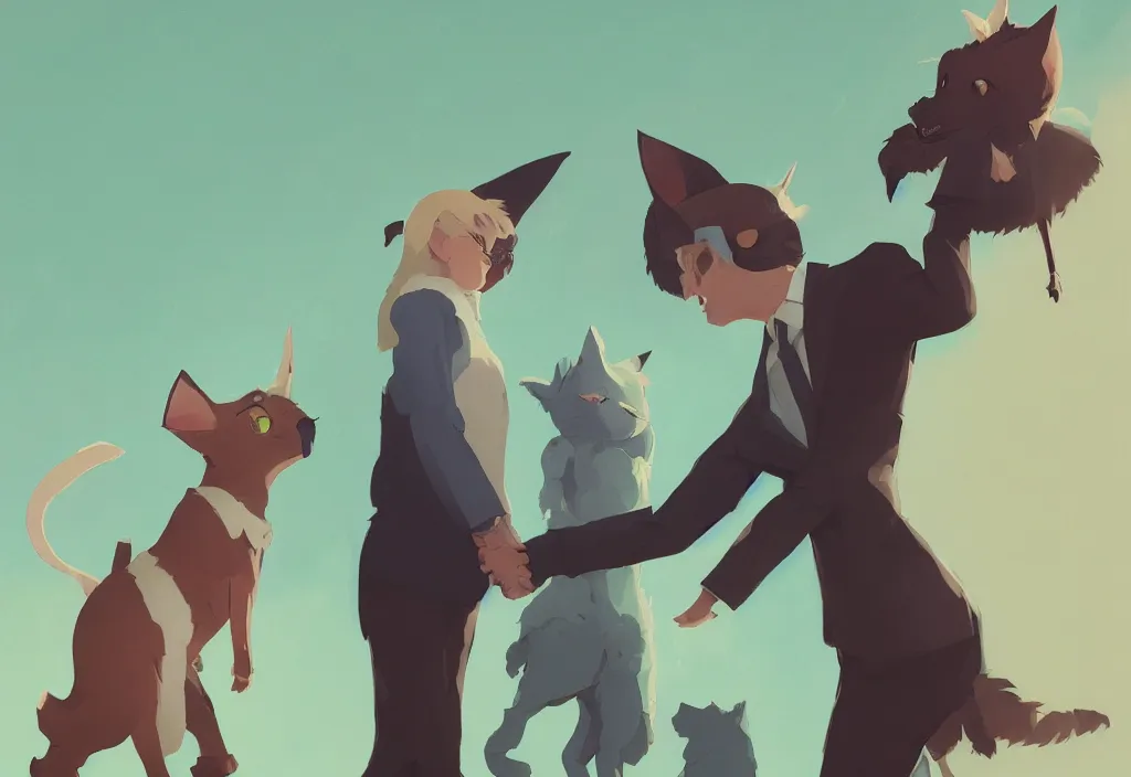 Image similar to joe biden shake hand of girl with cat ears, epic debates, presidental elections candidates, cnn, fox news, fantasy, by atey ghailan, by greg rutkowski, by greg tocchini, by james gilleard, by joe gb fenton, dynamic lighting, gradient light green, brown, blonde cream, salad and white colors in scheme, grunge aesthetic